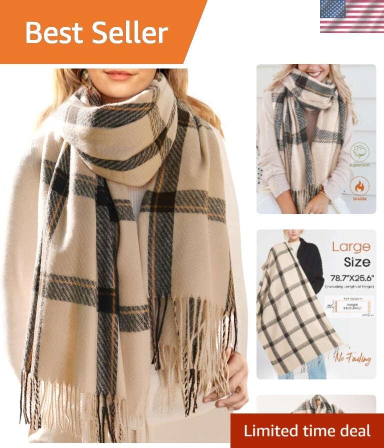Winter Cashmere Feel Plaid Scarf for Women with Tassels Oversized Shawl