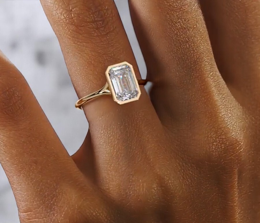 2.0CTW IGI Certified Emerald Cut Lab Diamond Bezel Set Split Shank 14k Gold Ring