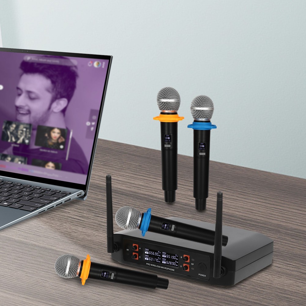 4-Channel UHF Wireless Microphone System with 4 Dynamic Handheld Mics for Pro Audio