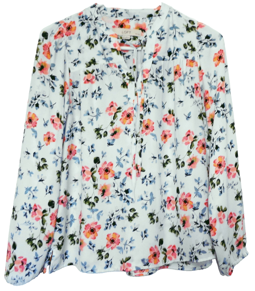 Women's Blue Floral Polyester Blouse Long Sleeves with Ties PXS