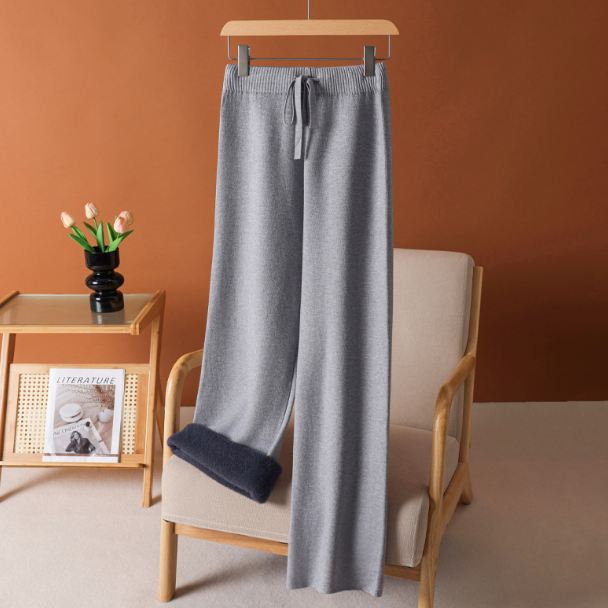 Fleece Wool Wide-leg Pants Women's High Waist Thicken Knitted Straight-leg Pants