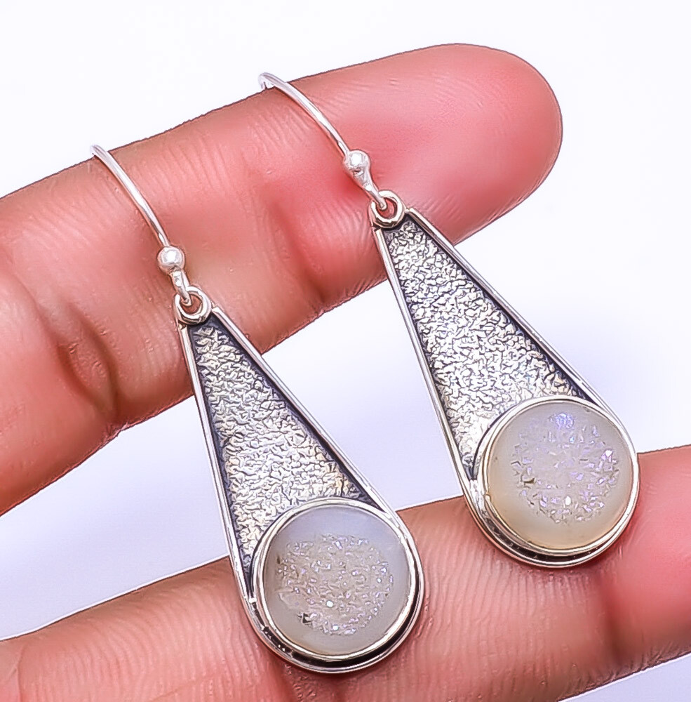Snow White Titanium Agate Drusy Designer 925 Sterling Silver Earring 1.76