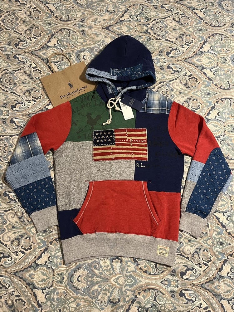 Polo Ralph Lauren Flag Patchwork Men Fleece Hoodie Sportsman Snow Beach SZ S NEW
