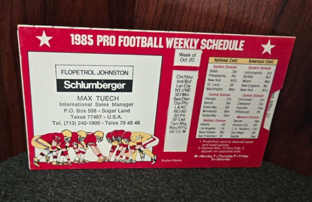 1985 NFL Pro Football Weekly Sliding Schedule by Schlumberger
