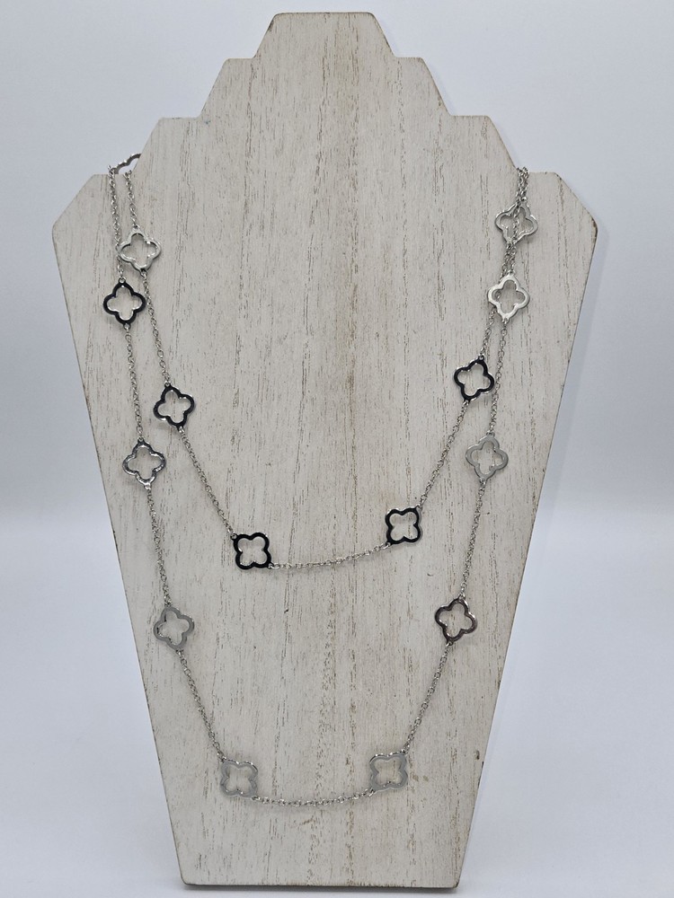 Silvertone Clover Double Layer Dainty Necklace  