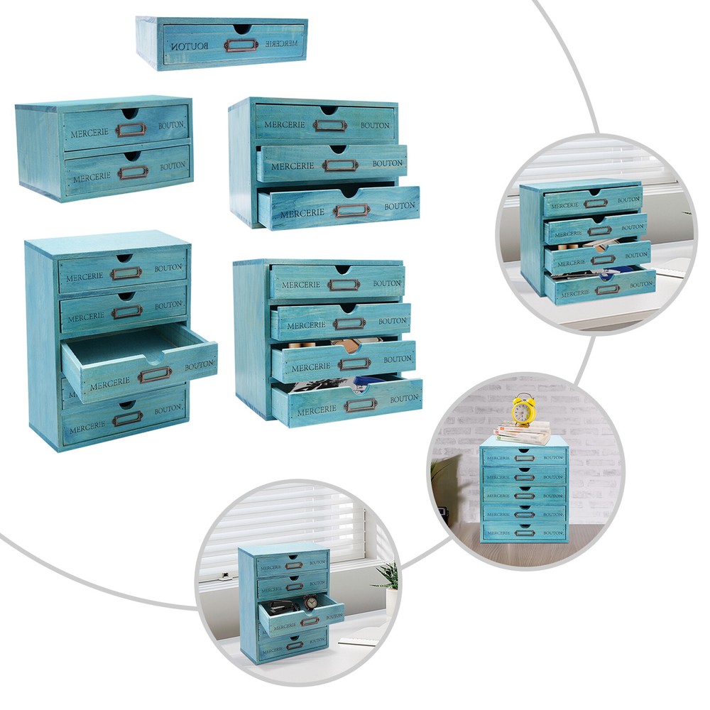 Five-Piece Set Pine Wood Desktop Drawers Vintage Wooden Desktop Organizer Blue