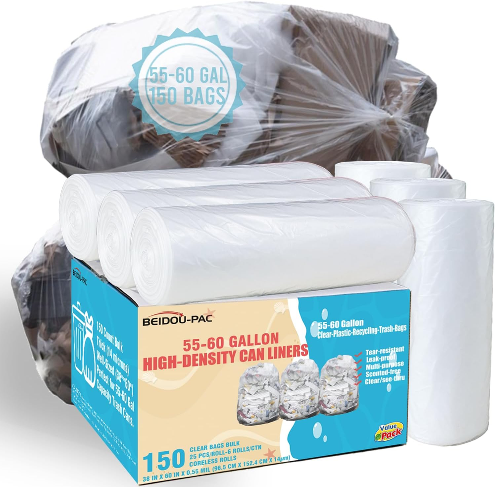 55-60 Gallon Trash Bags, 150 Count Bulk, Heavy Duty Clear Plastic Recycling Garb