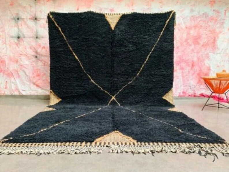 Custom Moroccan Berber Wool Rug Color Black Handmade Design Carpet Rug