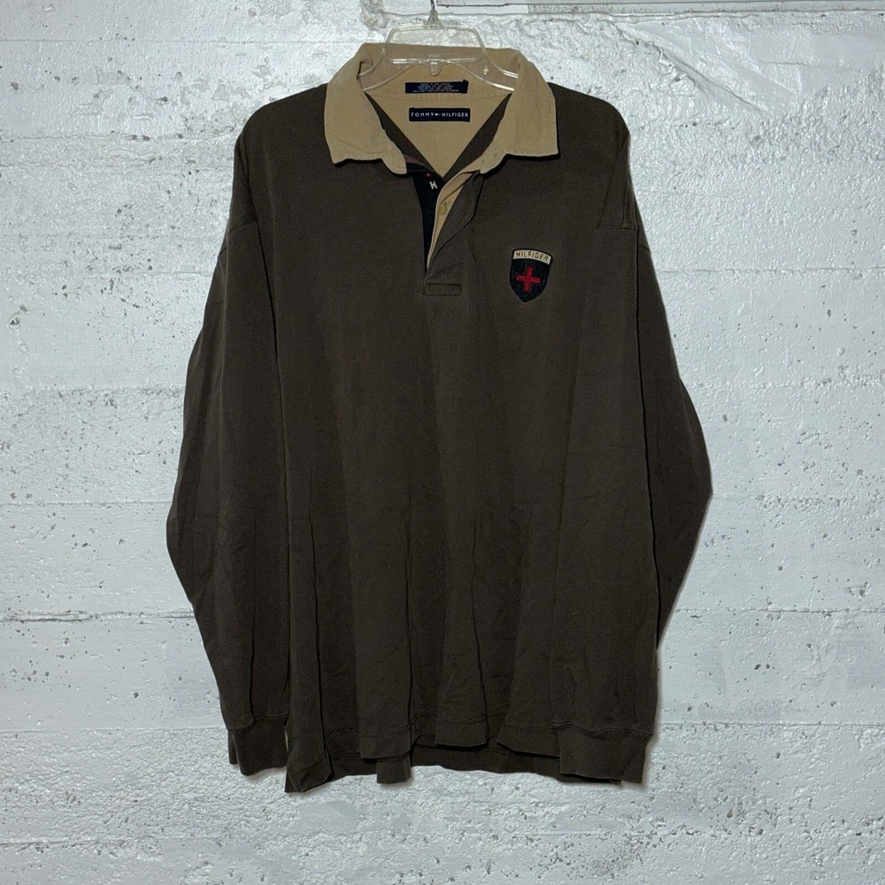 Vintage Tommy Hilfiger Rugby Polo Shirt Mens Size 2XL XXL Brown Long Sleeve Logo