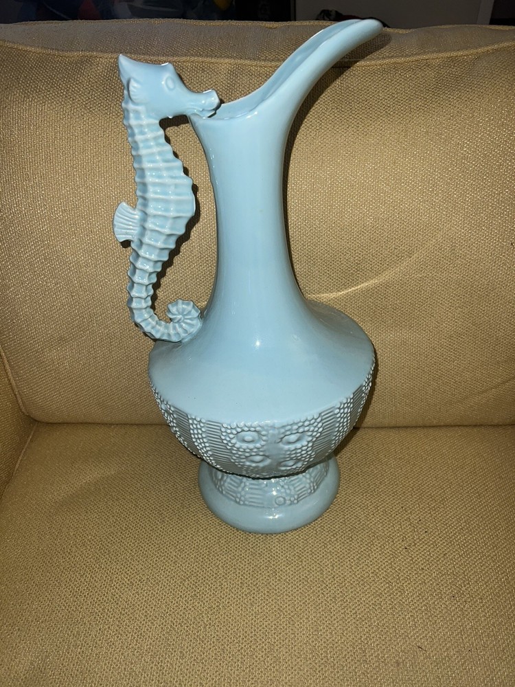 RARE seahorse pitcher decorative tall coastal decor Light Sea Blue 18”