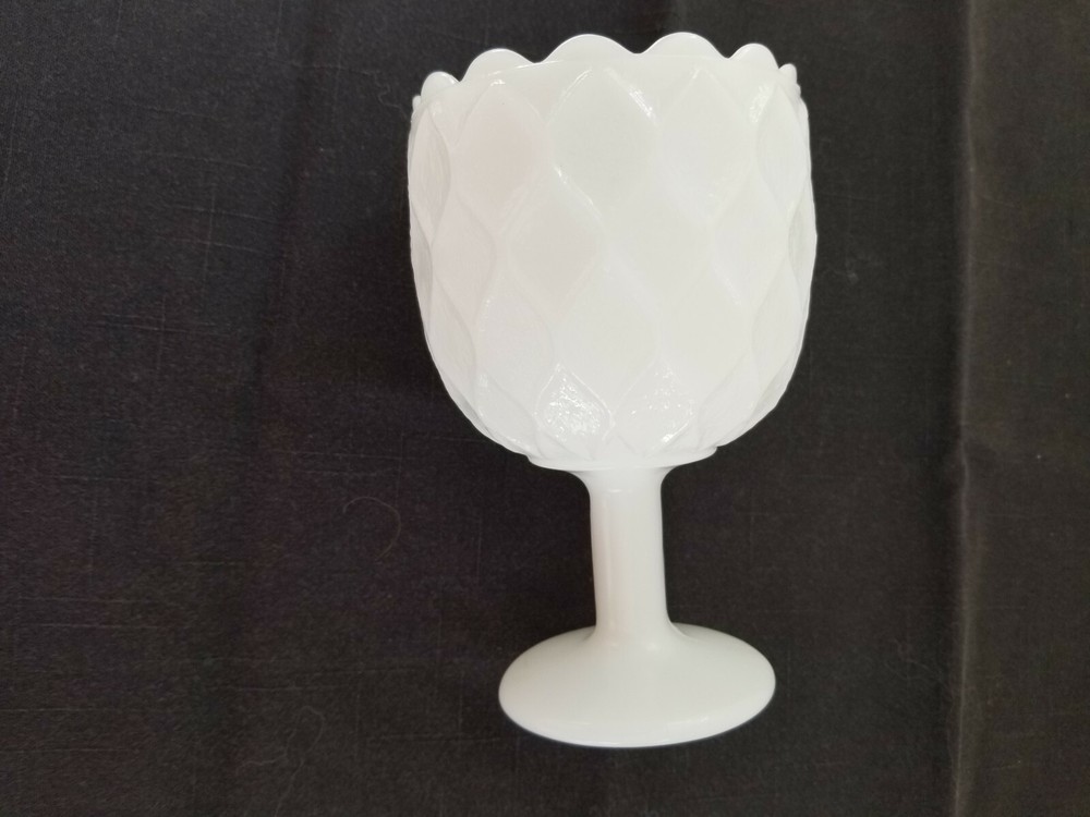 Vintage White Milk Glass Diamond Pattern Pedestal Bowl 6.25 Inch Tall Good Condition