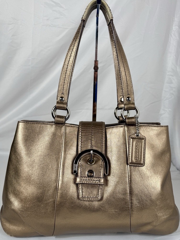 😎😎😎COACH Metallic Bronze Leather EAST WEST Buckle Tote Purse Shoulder Bag