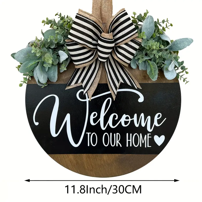 Seasonal Welcome Door Decor - Wooden Wall-Mounted Sign with Wreath and Hanger --image