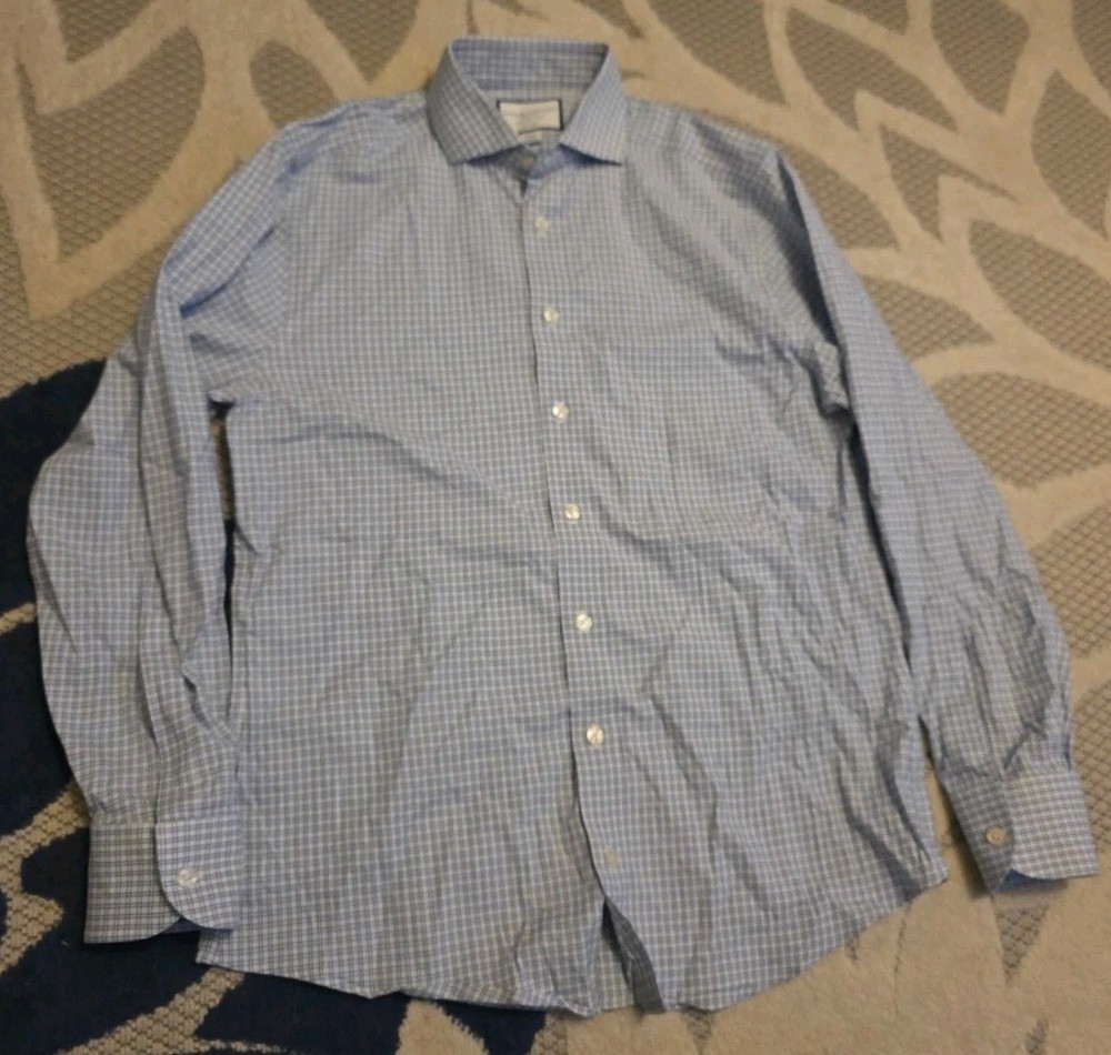 Charles Tyrwhitt Dress Shirt Men 15.5/34 Blue White Grid Check Non Iron Slim Fit