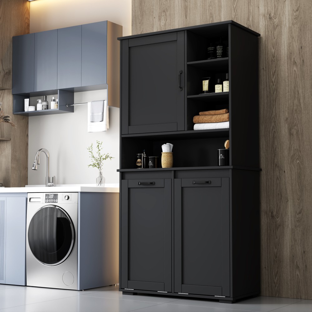 Laundry Cabinet W Doors and shelf Tilt Out Laundry Hamper Multiple Storage Space
