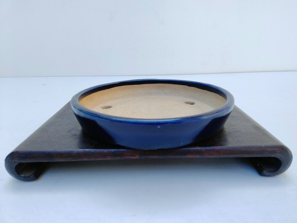 Bonsai Tree Pot MUNAKATA ISSOU Oval Glazed Blue Dia. 18.9 cm / 7.44 in.