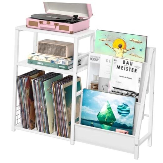 Compact Natural White Record Player Table with 150-LP Storage Shelf