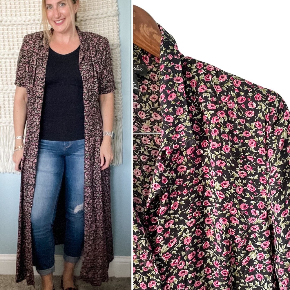 Vintage 90s Button Front Floral Prairie Maxi Dress / Duster size large L 🌸🌺