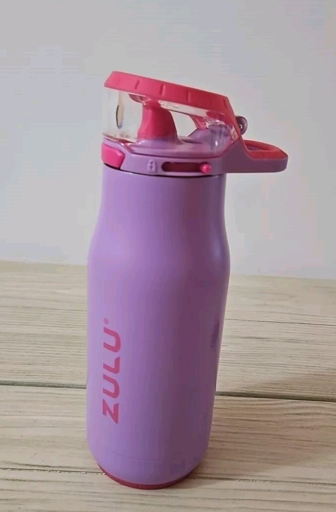 ZULU 14 Oz Push Button Flip Top Kids Water Bottle Pink Purple Excellent Used Condition  