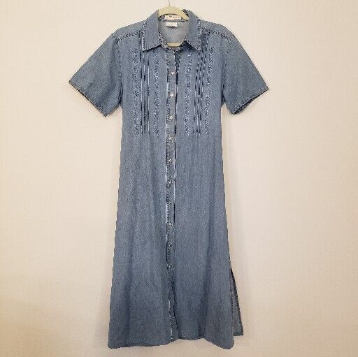 VTG Y2K Denim Shirt Dress Sz Medium Maxi Button Front Embroidered Tie Back/Slits