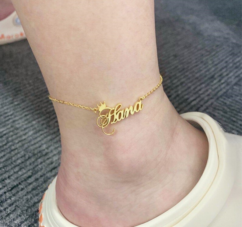 Custom Name Crown Ankle Bracelet Personalized Nameplate Women Customized Jewelry