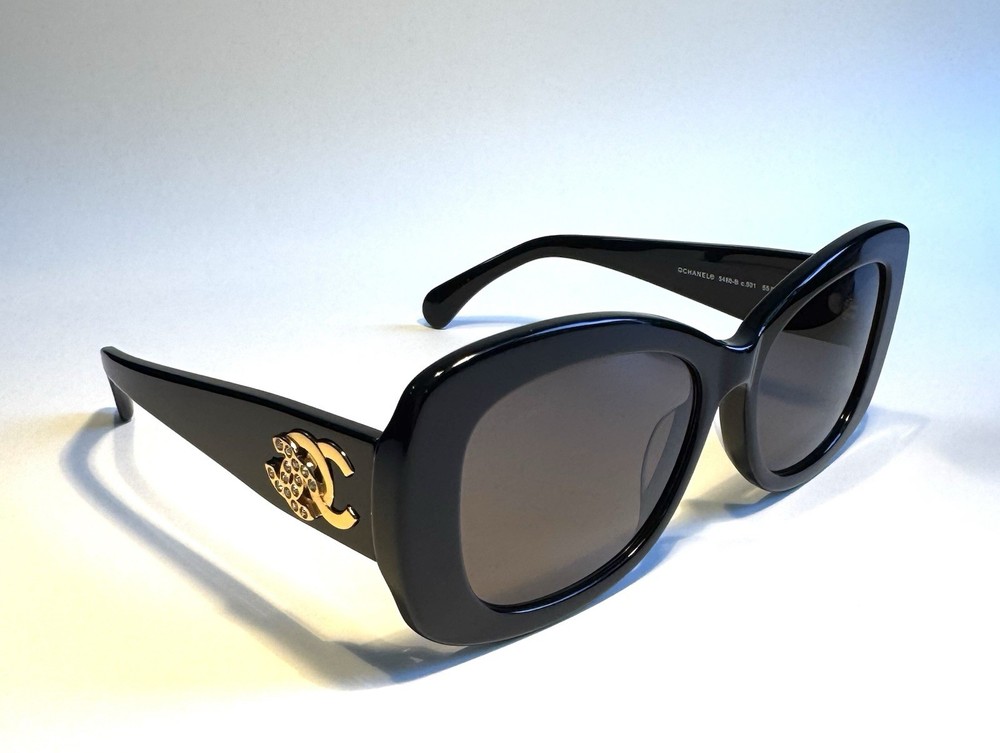 Chanel Square Gray Lenses Polished Black Acetate Frame with Gold Accents