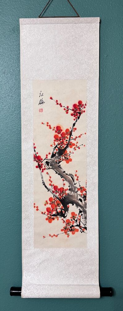 Art Asian Wall Scroll, Red Cherry Blossom Chinese Wall Decor Silk Paper Scroll