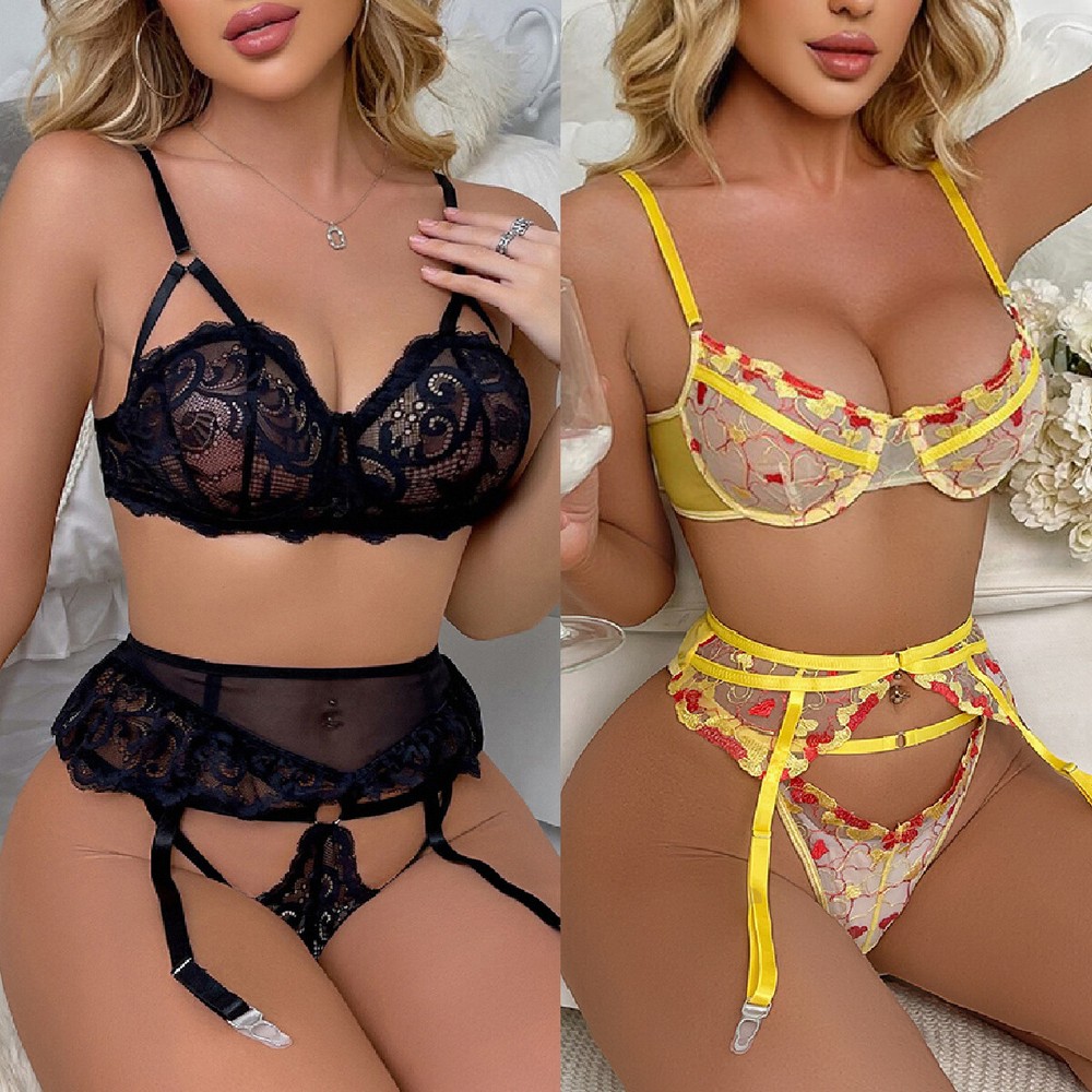 Sexy Lace Floral Underwire Push Up Bra & Garter Lingerie Set