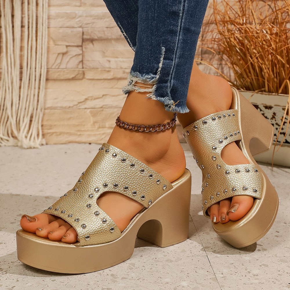 Women's Studded Cutout Chunky Heel Platform Sandals Slip On Open Toe Mule Slides