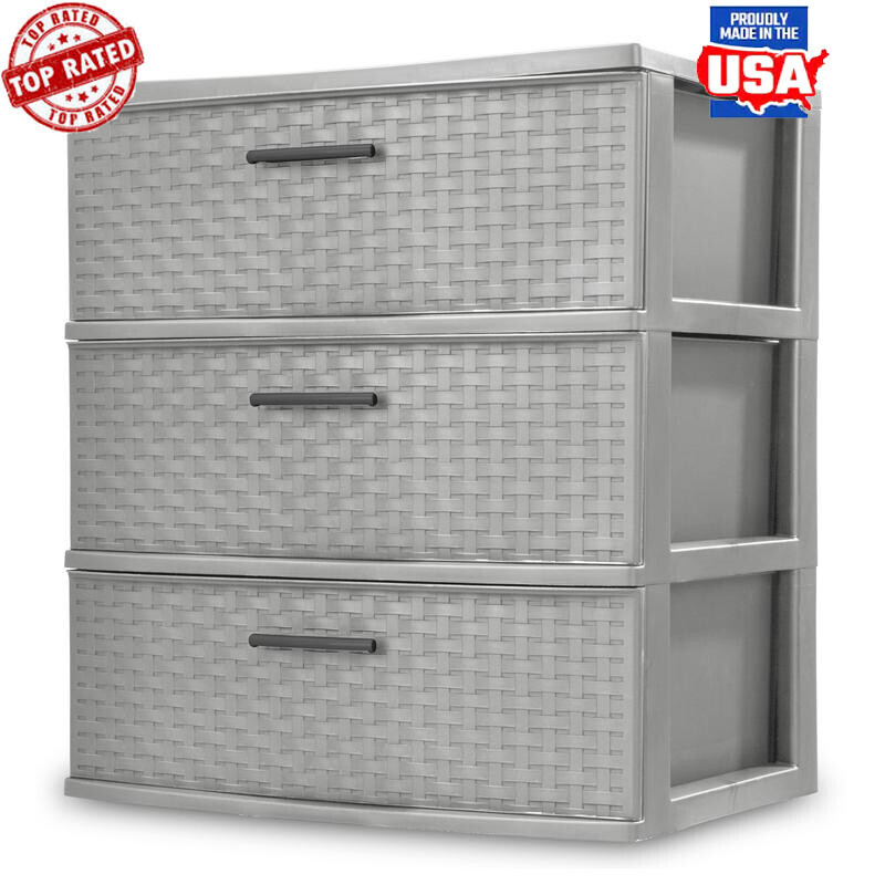 3 Drawer Storage Tower Opaque Weave Design Organizing Solution Durable Plastic