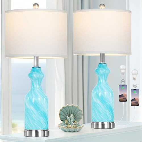 26-inch Modern Blue Glass Table Lamp Set of 2 for Living Room or Bedroom