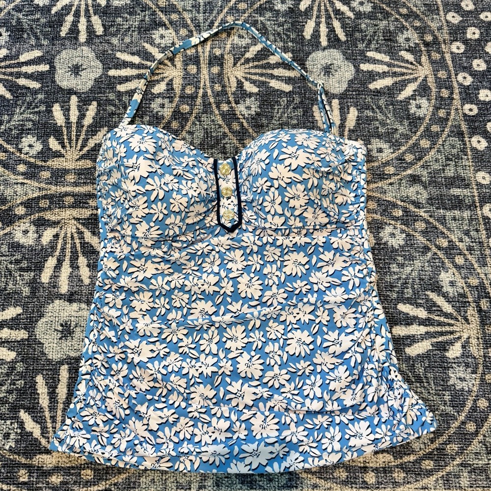 Lilly Pulitzer Tankini Top Only Blue White Floral Flowers Swim Suit Size 14