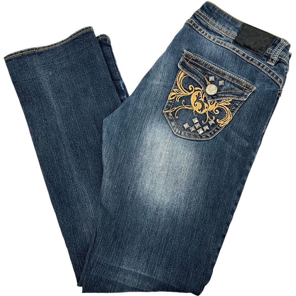 Y2k Vintage Apple Bottoms Embroidered Studded Low-Rise Blue Denim Jeans for Women
