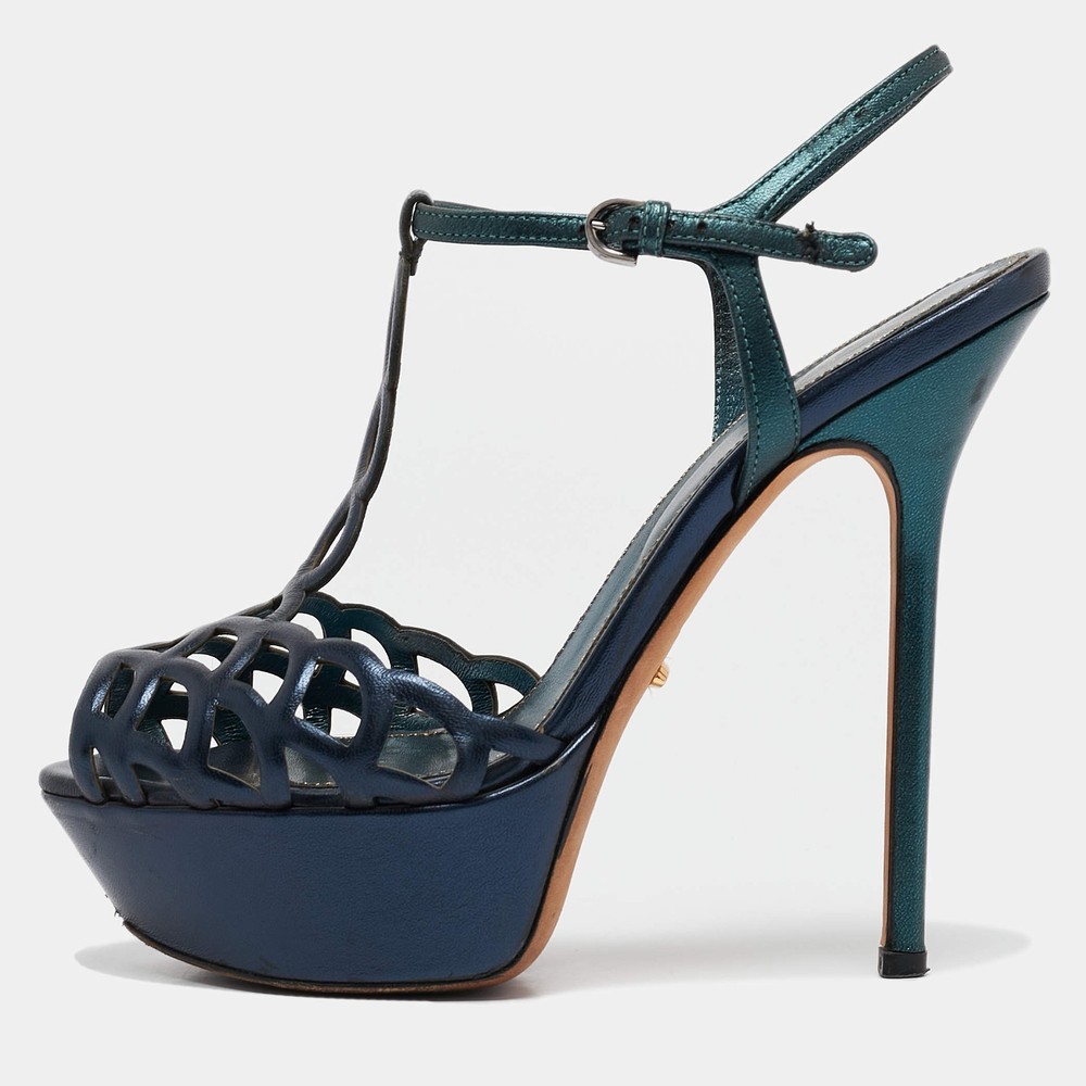 Sergio Rossi Metallic BlueGreen Cut Out Leather Platform Sandals Size 35