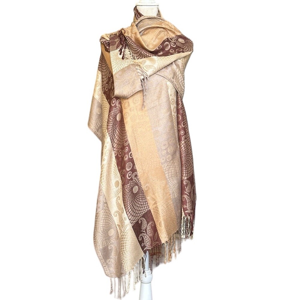 Beige Paisley Jacquard Cashmere Silk Scarf Wrap Shawl Pashmina  