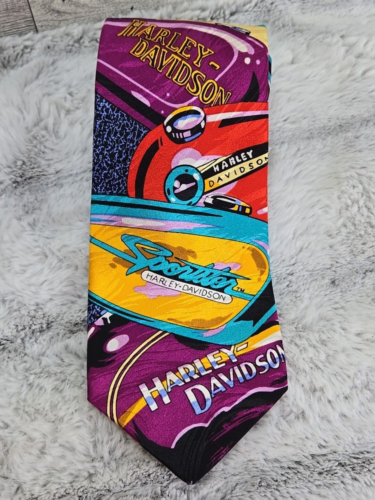 Vintage HARLEY DAVIDSON Fuel Tanks Ralph Marlin Silk Flames Shield Logo Neck Tie