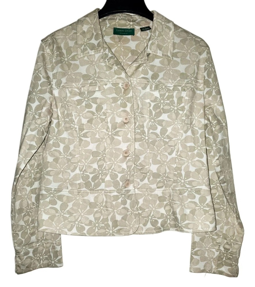 Lemon Grass Studio Floral Button Up V-Neck Jacket Blazer Women's Size L