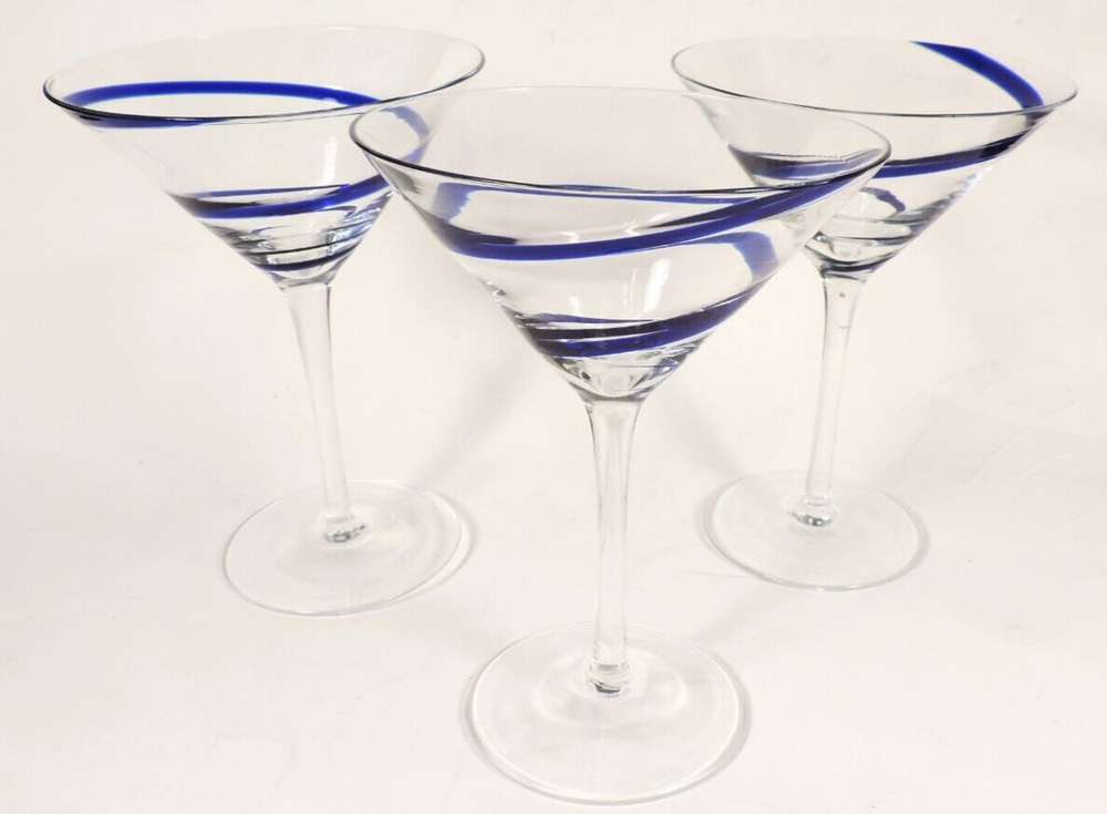 set of 3 PIER 1 blue  SWIRLWINE MARTINI GLASSES  mint