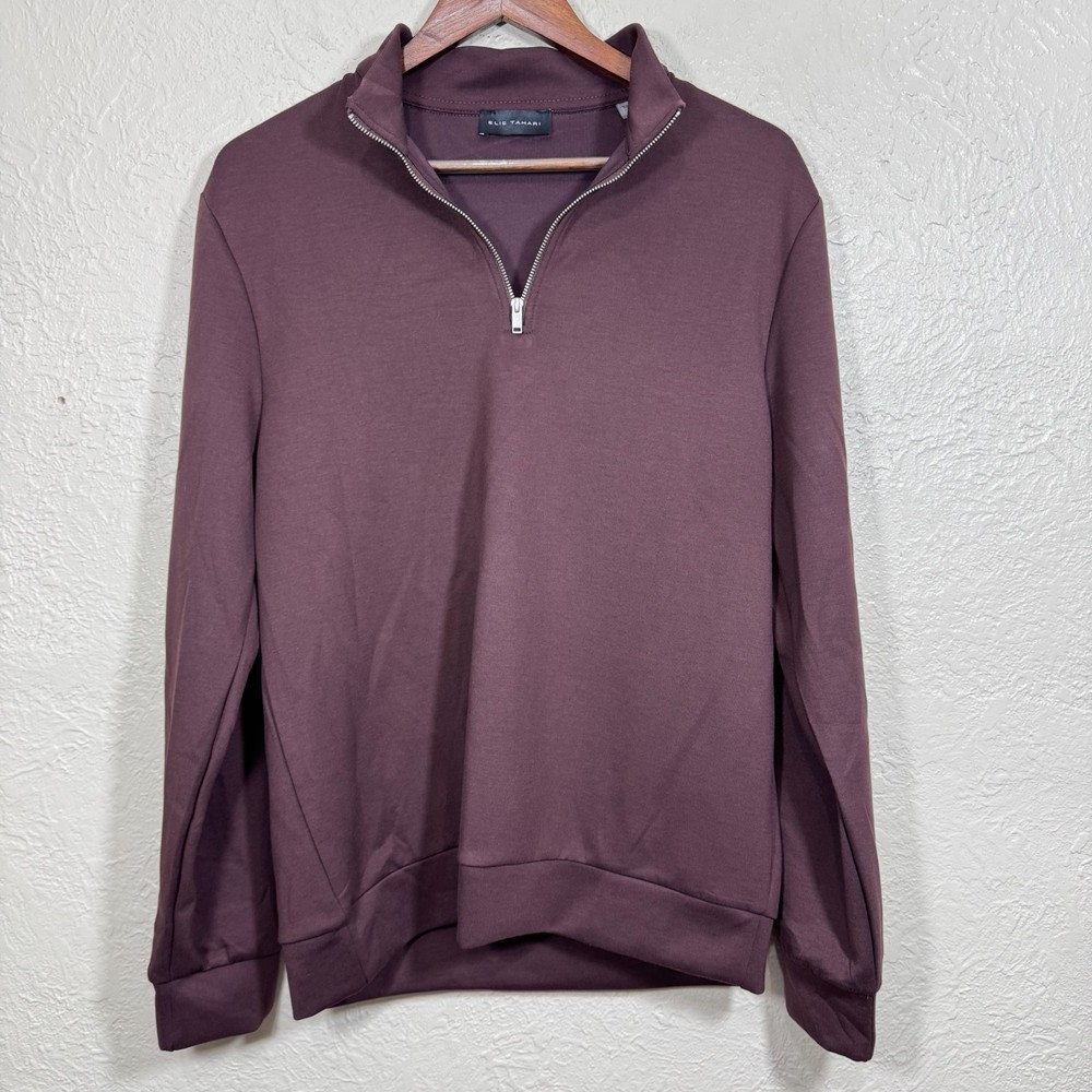 Elie Tahari Pullover Sweatshirt Med 1/4 Zip Burgundy Stretch Minimalist Luxury