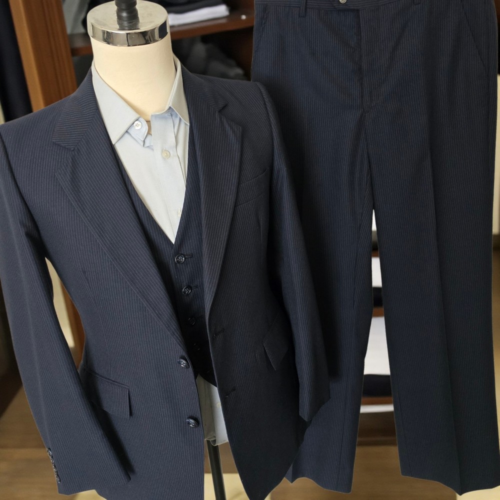 Vintage 3 Piece Pierre Cardin Suit 38L 31x32 Navy Pinstripe Flare Leg 1970s