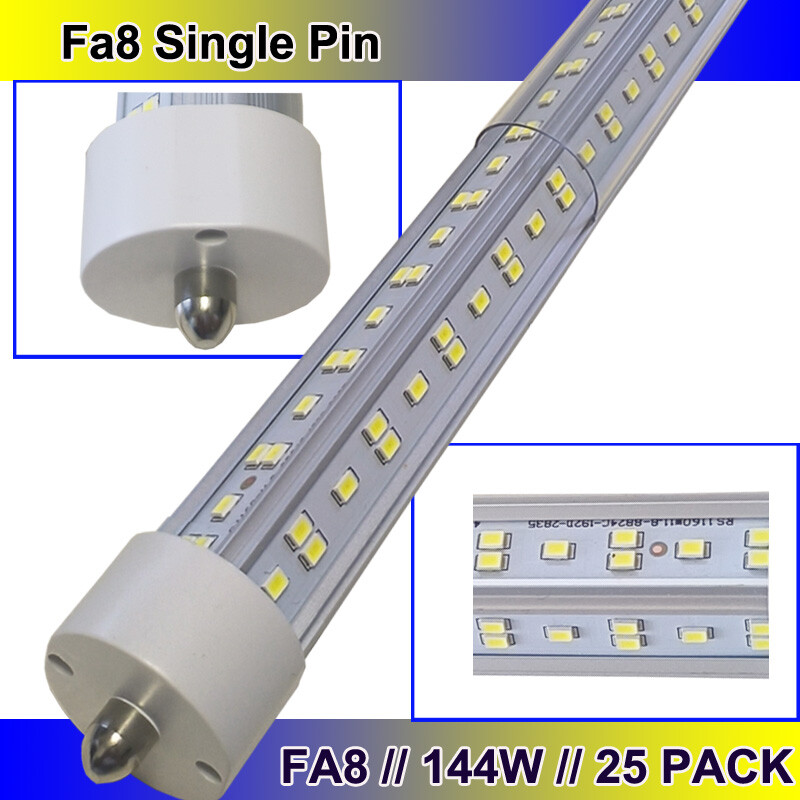 25 Pack 8FT FA8 Single Pin Led Tube Light Bulbs 144W 8Foot Led Shop Lights 6500K