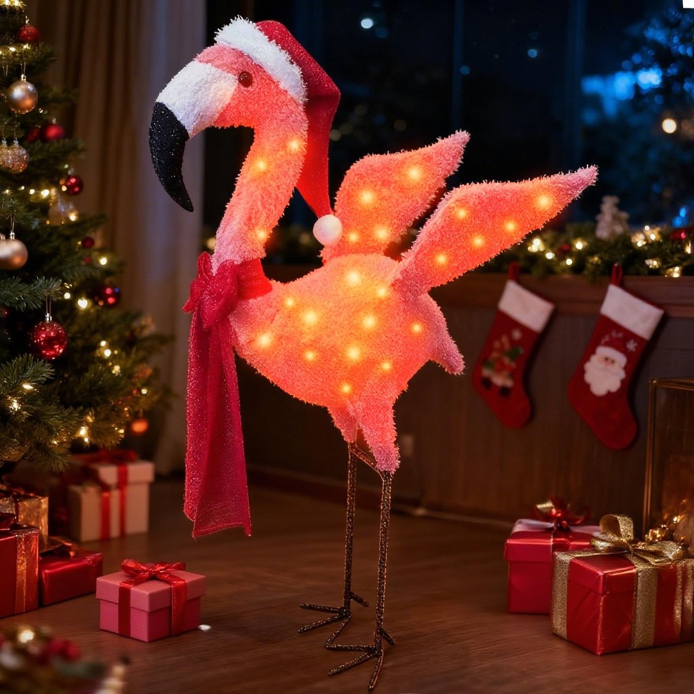 Lighted 3D Christmas Flamingo Outdoor Decoration with Santa Hat & Scarf, Pink...