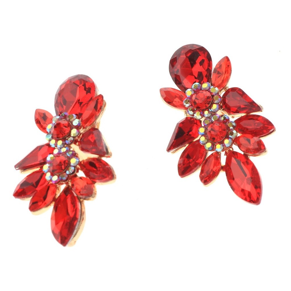 Gold Tone Metal Crystal Rhinestone Clip-On Earrings ER2587-RED