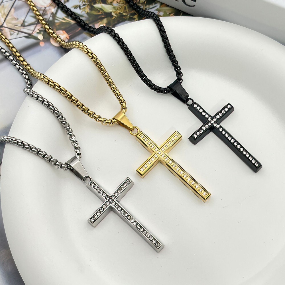 Men Women CZ Cross Pendant Necklace for Boys Stainless Steel Chain 24 Inch Gift