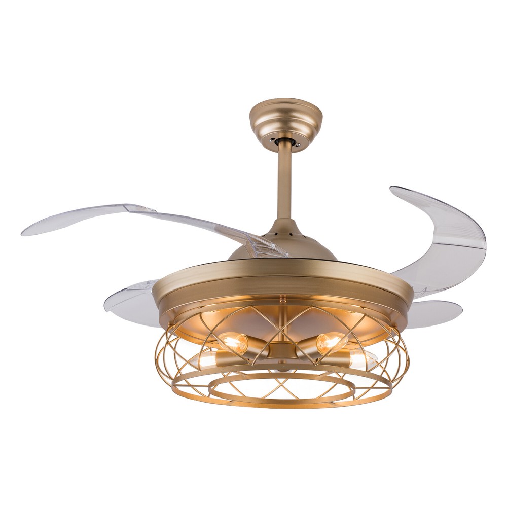 Gold Caged Ceiling Fan Light Farmhouse Chandelier Fan Pedant Lamp Remote Control