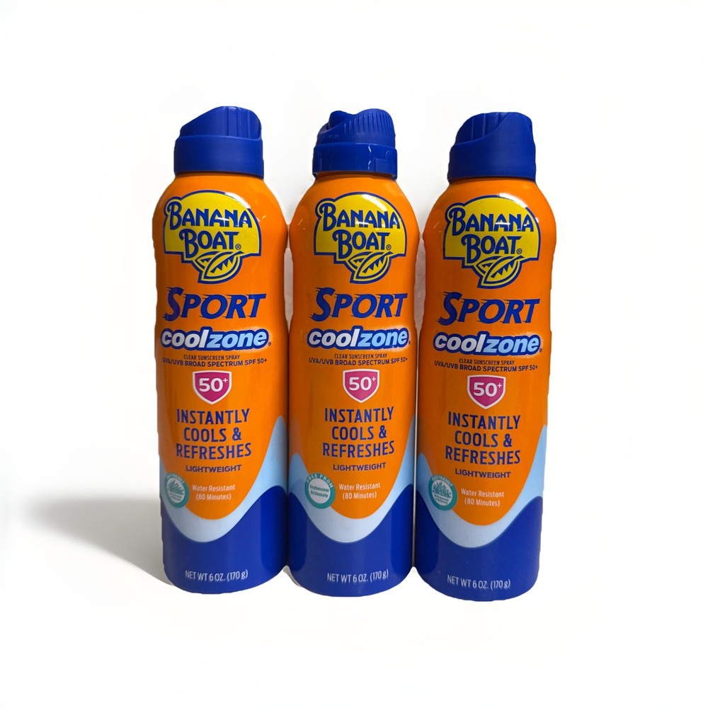 3 Pack Banana Boat Sport cool zone SPF 50 Clear Sunscreen Spray 6oz,