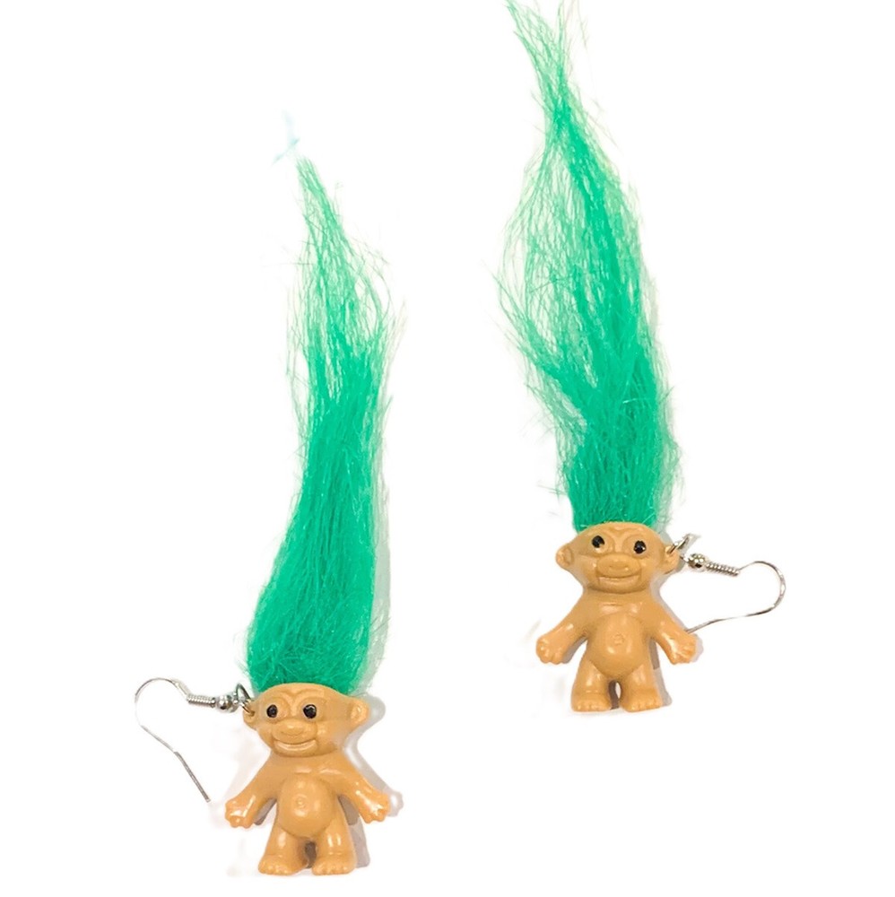 Cute Retro TROLL DOLL Funky EARRINGS Miniature Toy Kawaii Novelty Jewelry-GREEN