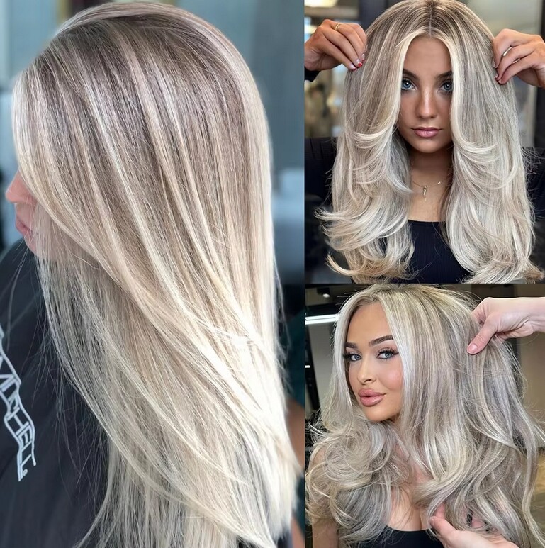 24Inch Human Hair Ash Blonde Highlight 13x4 Lace Front Straight Wig