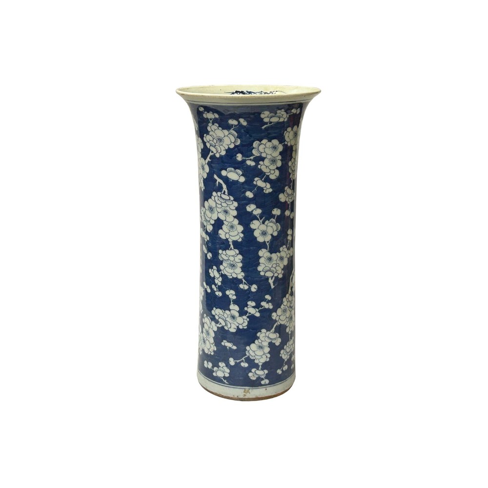 Vintage Chinese Blue White Blossom Wide Mouth Column Porcelain Vase ws4329