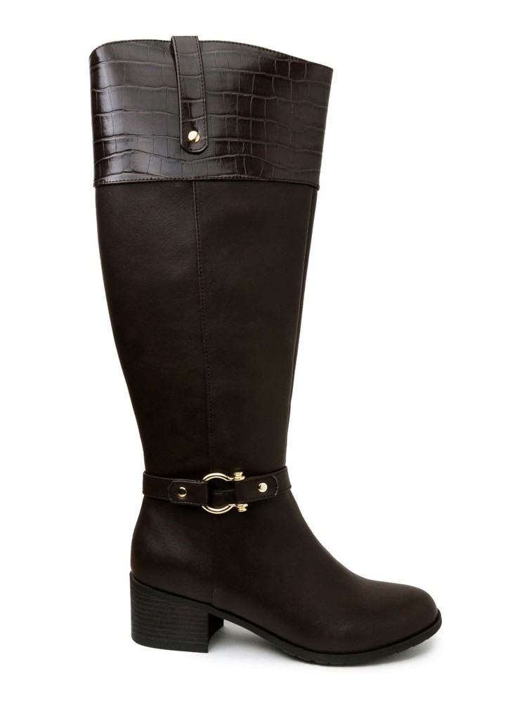 KAREN SCOTT Womens Brown Croc Harness Straps Vickyy Almond Toe Riding Boot 6.5 M